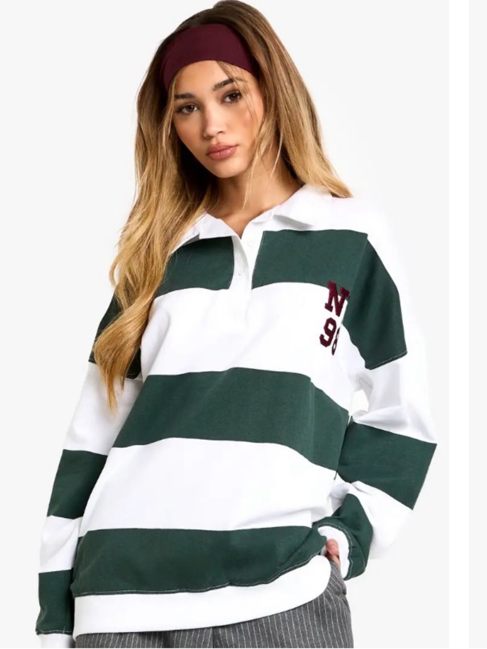 Boohoo Green and White Striped Rugby Polo Top #204